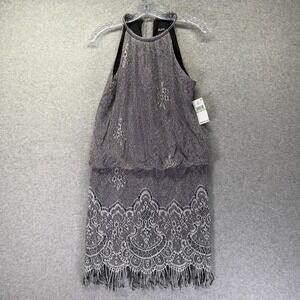 SLNY Dress Womens 8 Silver Halter Blouson Sheath Lace Fringe Flapper Cocktail